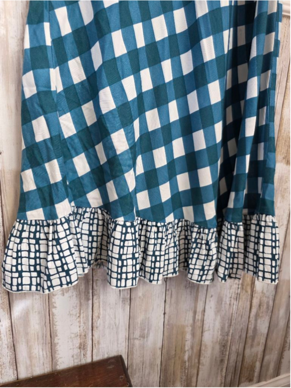 Women's Anna Ocean Teal White Gingham Ruffle Hem Dress S - Picture 2 of 5